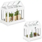 Relaxdays Mini-serre , lot de 2, pour le rebord de fenêtre, serre d'intérieur, verre et MDF, herbes aromatiques, fleurs, 2 tailles, blanc