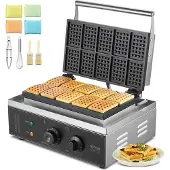 Vevor Gaufrier commercial 1550 W gaufrier antiadhésif en acier inoxydable avec réglage de la température et du temps, poignée, pour restaurant boulangerie snack-bar famille 10 gaufres rectangulaires