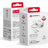 Forcell F-ENERGY Crystal Color GaN III VT-41 chargeur de voyage avec câble en silicone avec 1 x Type C + 1x USB A prises, PD QC4.0 33W blanc