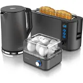 Arendo Ensemble de petit-déjeuner gris - Bouilloire avec réglage de la température / Grille-pain 2 tranches, à fentes longues / Cuiseur à ufs pour 8 ufs