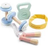 New Classic Toys Ensemble de fitness en bois - - 3 ans - 2 haltères - Kettlebell - Corde à sauter