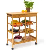 Relaxdays Chariot de cuisine James XXL, H x l x P : 80 x 67 x 37 cm, chariot de service avec étagères, bambou, 2 tiroirs, 3 paniers, couleur naturelle