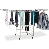 Relaxdays Séchoir à linge XXL, séchoir sur pied, séchoir à linge en forme de tour avec ailes et roulettes, pliable, dimensions H x L x P : 111 x 185,5 x 53 cm, couleur argent
