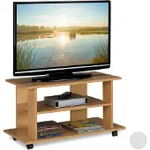 Relaxdays Meuble TV à roulettes, 2 compartiments pour téléviseur, console et décodeur, meuble TV mobile, dimensions 45 x 80 x 40 cm, couleur naturelle
