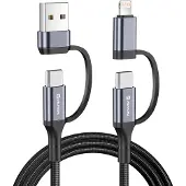 Swissten Câble de charge 4-en-1 1,5M USB-C, USB-A et Lightning 60W Noir
