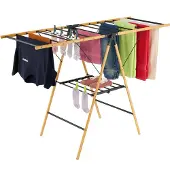 Relaxdays Séchoir à linge , pliable, 2 niveaux, D x L x H : 100 x 148 x 56 cm, bambou et métal, séchoir à linge à ailes, naturel/noir