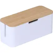 Relaxdays Boîtier de rangement pour multiprise , en bambou, avec couvercle, dimensions : 14,5 x 34 x 11 cm, pour dissimuler les câbles, boîtier pour multiprise, naturel/blanc