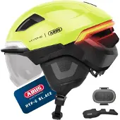 ABUS Casque de vélo HYP-E B.LACE - avec feu avant, arrière et clignotant ainsi que feu de stop sans fil - avec visière et protège-oreilles - taille L, jaune de signalisation