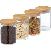 Relaxdays Bocaux de conservation avec couvercle en bambou, lot de 4, petits bocaux en verre, 750 ml, hermétiques, transparents/naturels