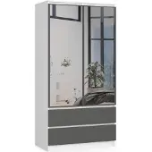 BDW Armoire 2 portes 2 tiroirs, miroir, blanc-gris
