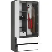 BDW , Armoire 2 portes, 2 tiroirs, 180x90x51 cm, penderie, gris / blanc