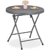 Relaxdays Table de jardin , pliable, H x P : 74 x 80 cm, aspect rotin, plastique et acier, résistante aux intempéries, table de balcon ronde, grise