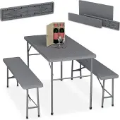 Relaxdays Ensemble de salon de jardin pliable , ensemble de 3 pièces comprenant un grand banc et une grande table, pour le jardin ou les fêtes, aspect rotin, gris