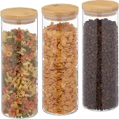Relaxdays Bocaux de conservation avec couvercle en bambou, lot de 3, bocaux ronds en verre, 1 600 ml, hermétiques, transparents/naturels