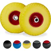 Relaxdays 8 roues pour diable, pneus en caoutchouc plein anti-crevaison, jante en acier 3.00-4", axe de 20 mm, charge maximale 100 kg, roue de secours 260 x 85 mm, jaune-rouge