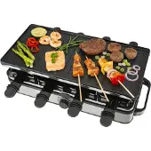 Bourgini Gourmette Pure - Set gourmet avec plaque grill et four réversible - Raclette 8 personnes - 21x42 cm - revêtement sans PFAS - thermostat réglable - 8 spatules et poêlons inclus