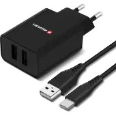 Swissten Smart IC Tkla Ldtjs 2x USB 2.1A ar USB-C vadu 1.2 m Melns