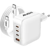 Akashi Alimentation , 130W, avec 2 ports USB-C de 100W et 1 port USB de 30W, incluant un câble USB-C de 100W, de couleur blanche