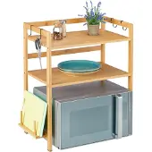 Relaxdays Étagère pour micro-ondes , H x l x P : 67 x 61 x 35 cm, bambou, 2 niveaux, supports pour étagères, 4 crochets, étagère de cuisine sur pied, couleur naturelle