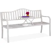 Relaxdays Banc de jardin avec table rabattable, 3 places, jardin, banc de balcon en métal, dimensions 89 x 150 x 58,5 cm, blanc-bronze