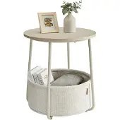 Vasagle Table d'appoint ronde, panier en tissu, blanc crème