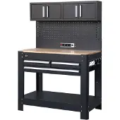 HBM établi 114 cm avec 3 tiroirs, paroi d’armoire et panneau arrière, noir