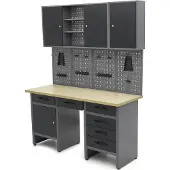 HBM établi 160 cm avec 6 tiroirs, paroi d’armoire et panneau arrière, noir, gris