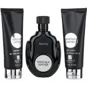 Riiffs Coffret cadeau Masculin Leather pour hommes : Eau de Parfum 100 ml + Gel Douche 100 ml + Lait Corporel 100 ml