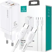 Usams ad. Siec. Mt 2Xusb-C+Usb Gan 65Wt33 Pd + Cable Usb-C-Usb-C 100W Fast Charging Biay/White Mtxlogtc02
