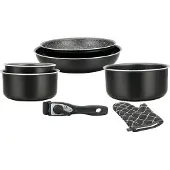 Herzberg Batterie de cuisine revêtement pierre avec manche amovible 7 pièces noir HG8053-BLK