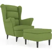Syfax Fauteuil à oreilles avec tabouret vert clair velours