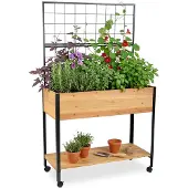 Relaxdays Jardinière surélevée avec treillis, tablette, roulettes, H x l x P 165 x 102 x 47,5 cm, bois, acier, jardinière de table, naturel/noir