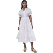 DKNY Button Front Poplin Short Sleeve Dress Blanc L Femme