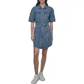 DKNY Self Belted Short Sleeve Dress Bleu L Femme