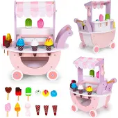 Ecotoys Magasin de glaces sur chariot en bois pour enfants 12 pièces