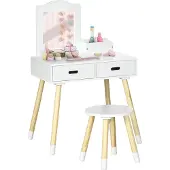 ZONEKIZ Coiffeuse enfant table de maquillage avec tabouret miroir et 2 tiroirs 3 à 6 ans - 60 x 40 x 95 cm - blanc et bois