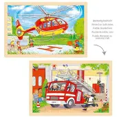 Goki Puzzle en bois - Hélicoptère et camion de pompiers - 24 pièces