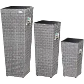 Casaria Set de 3 pots de fleurs gris résine tressée