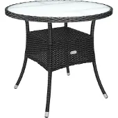 Casaria Table en résine tressée Ø80cm noire ronde plateau en verre