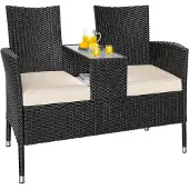 Casaria Banc de jardin noir 145x58x87cm en résine tressée avec table