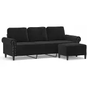 vidaXL Canapé 3 places avec pouf noir 180 cm velours