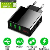 Eaxus Chargeur USB 3 compartiments avec indicateur de tension (45 W, 3 ports), Chargeur USB, Noir
