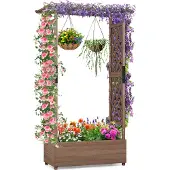 Costway Jardinière en bois avec treillis et toit suspendu 110x44x182cm Marron