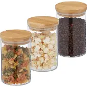 Relaxdays Bocaux de conservation avec couvercle en bambou, lot de 3, bocaux ronds en verre, 800 ml, hermétiques, transparents/naturels