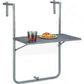 Relaxdays Table suspendue pliable pour balcon , L x P : 59,5 x 60 cm, réglable en hauteur sur 3 positions, 2 porte-boissons, table pour balustrade, gris
