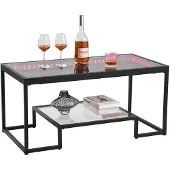 Vevor Table basse Table d'appoint en verre trempé avec éclairage, table rectangulaire en verre à deux niveaux & espace de rangement ouvert, table basse en métal pour salon bureau 100 x 51 x 48 cm Noir