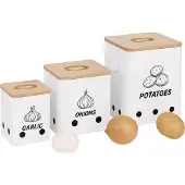 Relaxdays Boîte de conservation pour pommes de terre, oignons et ail, lot de 3, perforée, en métal, avec couvercle en bambou, carrée, blanc/naturel
