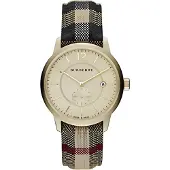 Burberry Montre BU10001 Honey Check - boîtier 40 mm, quartz, cadran miel, bracelet cuir enduit et tissu à carreaux, étanche 50 m, unisexe