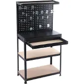 Relaxdays Établi , dimensions : 156 x 81 x 41 cm, 3 niveaux, avec tiroir, panneau perforé et accessoires, acier et MDF, étagère d'atelier, noir