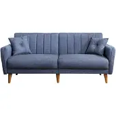 CALICOSY - Canapé lit 3 places en lin avec 2 coussins et pieds en bois L210 cm - AQUA